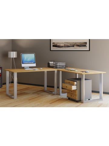 VCM  U Schreibtisch Eckschreibtisch L Form 190x160x50 in Silber / Honig-Eiche