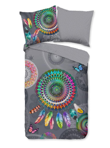 Traumschloss Comfort Flanell Bettwäsche - Gimbrere - bunte Mandalas mit Federn, grau in grau