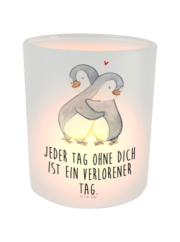 Mr. & Mrs. Panda Glas Teelichthalter Pinguine Kuscheln mit Spruch in Transparent