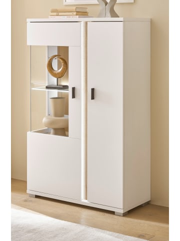 Furn.Design Vitrine weiß matt, Eiche Wotan 80 x 125 cm, Highboard inklusive Frontbeleuchtung