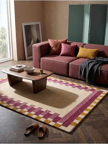 KADIMA DESIGN Teppich Wolle Handgetuftet WENSUM Geometrisches Muster Wohnzimmer in Rosa-Gelb