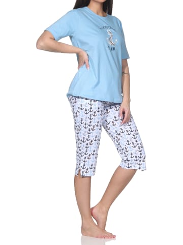 NORMANN Kurzarm Pyjama Schlafanzug Shorty Maritimer Look in hellblau