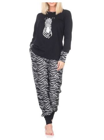NORMANN Pyjama Schlafanzug Bündchen und Hose Animalprint - 84623 in schwarz