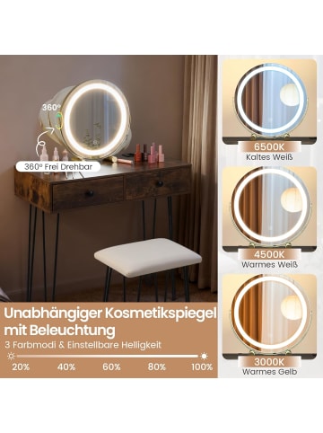 COSTWAY Schminktisch mit LED Spiegel Hocker 80 x 40 x 76 cm in Braun