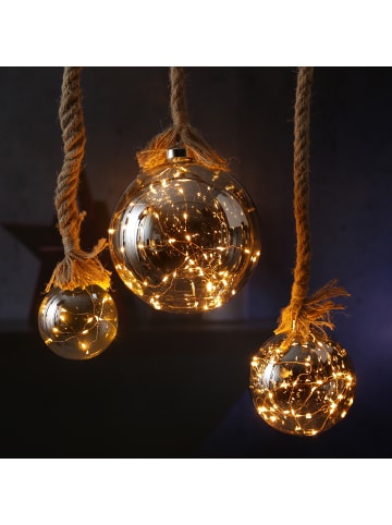MARELIDA LED Glaskugel mit Juteseil beleuchtet mit Timer D: 14cm in grau