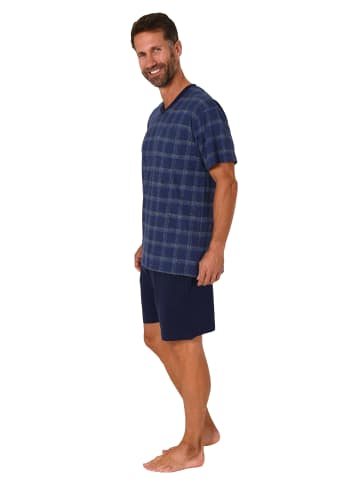 NORMANN kurzarm Schlafanzug Shorty Pyjama karierten Oberteil - 71935 in blau-melange