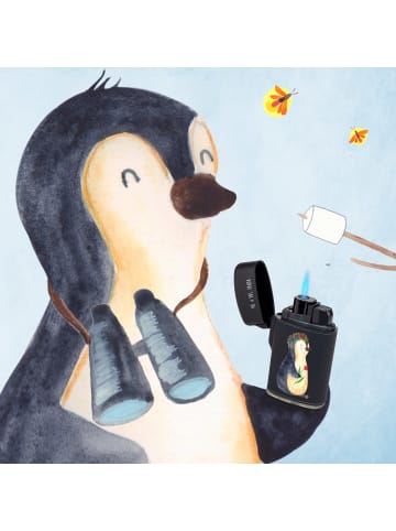 Mr. & Mrs. Panda Feuerzeug Pinguin Blumen ohne Spruch in Schwarz