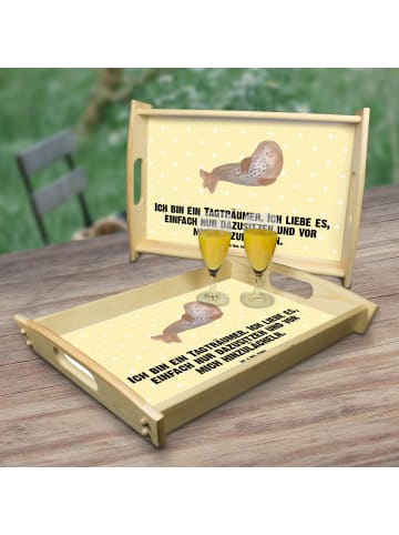Mr. & Mrs. Panda holz serviertablett Robbe Lachen mit Spruch in Gelb Pastell