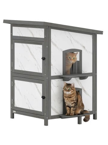 Pawhut Katzenhaus Grau+Weiß Tannenholz