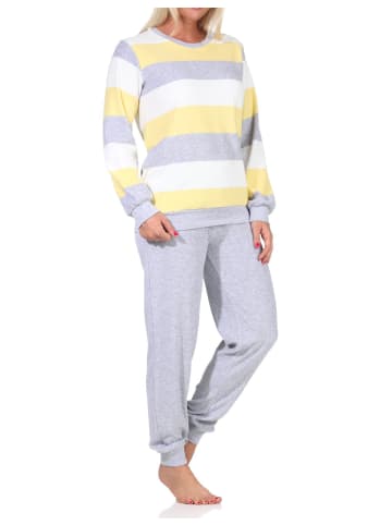 NORMANN Frottee Pyjama lang Bündchen Streifen - 65681 in gelb