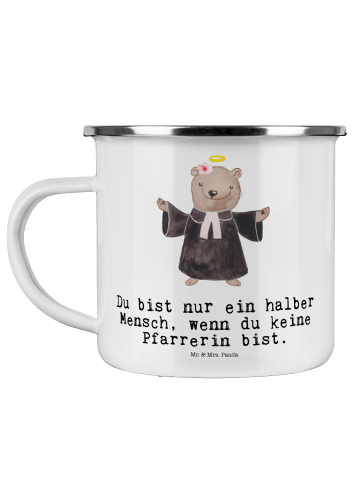 Mr. & Mrs. Panda Camping Emaille Tasse Pfarrerin Herz mit Spruch in Weiß