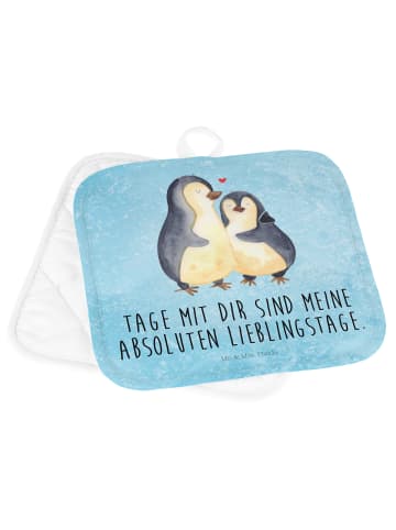 Mr. & Mrs. Panda 2er Set Topflappen  Pinguin umarmen mit Spruch in Eisblau