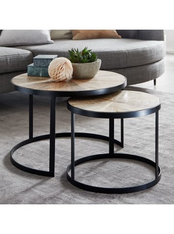 KADIMA DESIGN Wohnzimmertisch 2er-Set | Mango Massiv, Metallbeine Braun, Rund in Braun