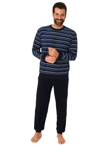 NORMANN Lange Frottee Pyjama Schlafanzug Bündchen Streifen - 50169 in marine