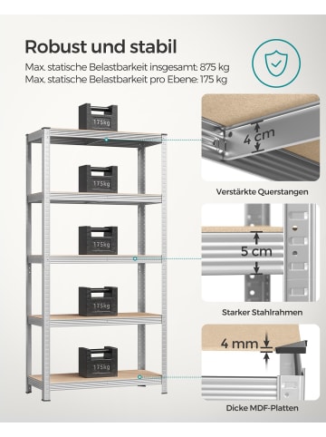 SONGMICS Schwerlastregal Cozory in Silber - (B)90 x (H)180 x (T)40 cm