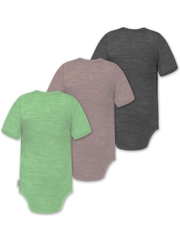 Normani Outdoor Sports 3er Set Unisex Baby Merino Kurzarm-Strampler Kurzarm Body mit Knopf in Anthrazit/Rosa/Grün