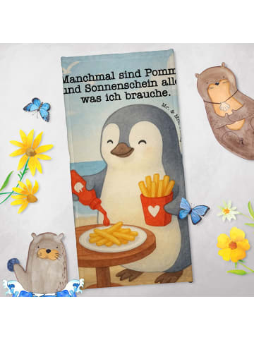 Mr. & Mrs. Panda Strandtuch Pinguin Pommes Design mit Spruch in Grau Pastell