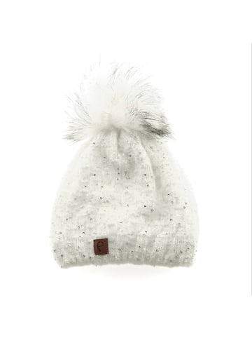 Faera Mütze zum Warmhalten im Herbst oder Winter Bommel-Mütze mit Perlen in Weiß