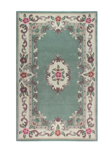 KADIMA DESIGN Traditioneller Wollteppich mit handgeschnitzten Details in Grün-Beige