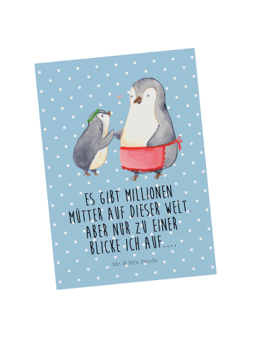 Mr. & Mrs. Panda Postkarte Pinguin mit Kind mit Spruch in Blau Pastell