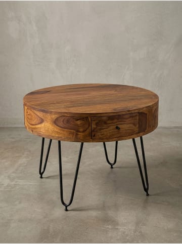 KADIMA DESIGN Couchtisch | Sheesham Massiv, Schubladen, Vintage, Rund