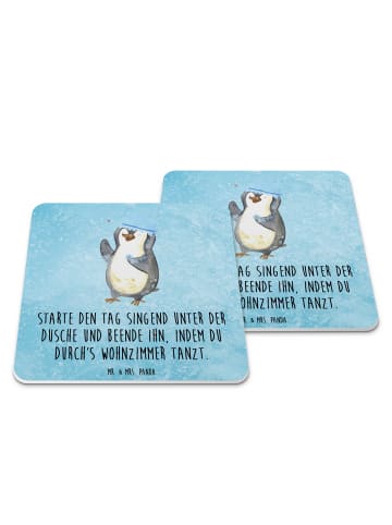 Mr. & Mrs. Panda Glasuntersetzer Pinguin Duschen mit Spruch in Eisblau