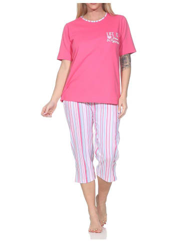 NORMANN Schlafanzug Capri kurzarm Streifenoptik Übergrössen 125 204 90 667 in pink