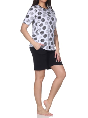 NORMANN Kurzarm Schlafanzug Shorty Pyjama Tupfen Punkte Look in schwarz