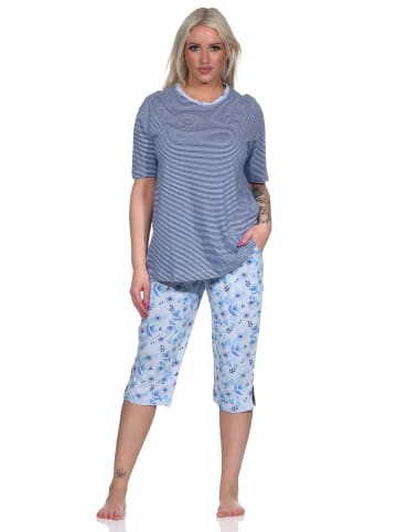 NORMANN Pyjama Schlafanzug kurzarm CapriHose und Spitze - 72678 in hellblau