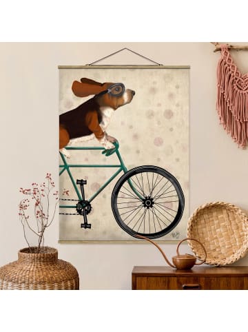 WALLART Stoffbild mit Posterleisten - Radtour - Basset auf Fahrrad in Blau