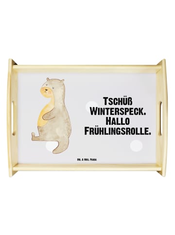 Mr. & Mrs. Panda Holztablett Otter Bauch mit Spruch in Grau Pastell