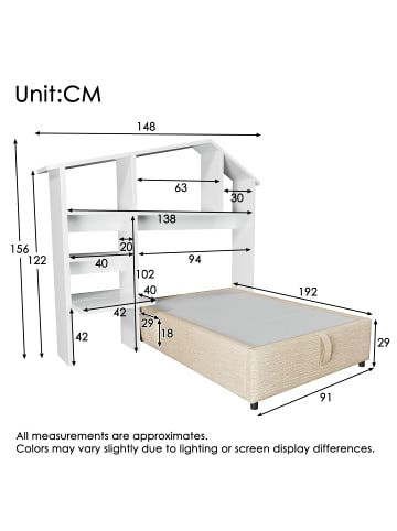 ABRIHOME Kinderbett in Natur mit Polster Bücherregal und USB-C 90x200 cm