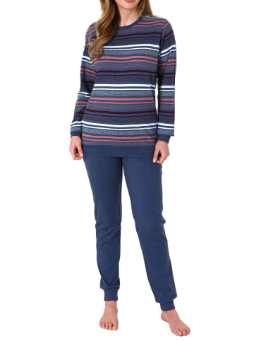 NORMANN Frottee Pyjama Bündchen Streifendesign - 69398 in blau-melange
