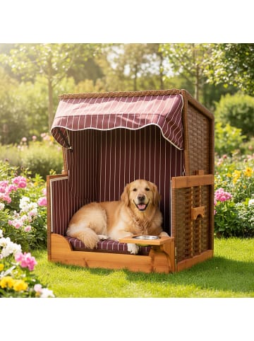 relaxdays Hundestrandkorb "Gestreift" in Dunkelrot / Natur – (B)75 x (H)95 x (T)65 cm