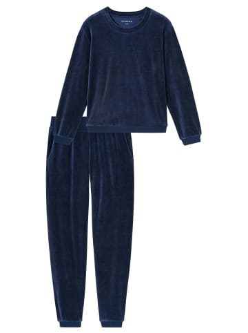 Schiesser Schlafanzug Casual Velour in Deep sea blue