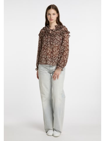 DreiMaster Damen Rüschenbluse in Dunkelbraun Weiss