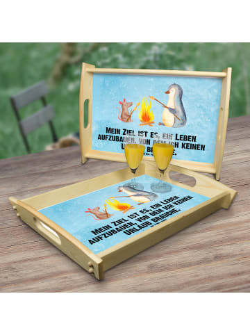Mr. & Mrs. Panda Tablett Holz Pinguin Lagerfeuer mit Spruch in Eisblau