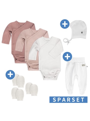 LaLoona 8-tlg. Wickelbody Set inkl. Strampelhose, Erstlingsmütze in rosa,weiss