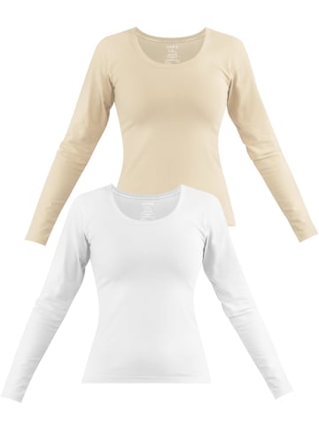 Janice 2 x Damen Langarmshirt Nimes in Beige/Weiß