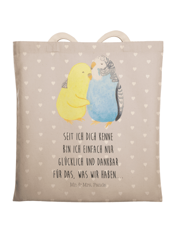 Mr. & Mrs. Panda Schultertasche Wellensittich Liebe mit Spruch in Grau Pastell