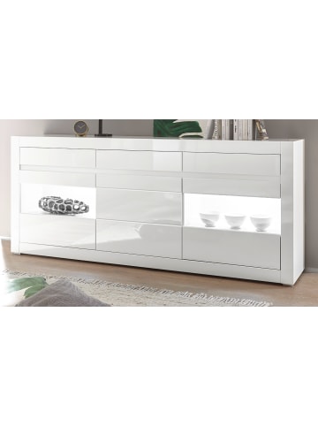 Furn.Design Sideboard Hochglanz weiß, mit weiß / grau, große Kommode 217 x 90 cm, Soft-Close