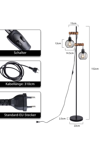 ZMH Stehlampe 2-flammige E27 in schwarz B 14.5cm Holz und Metall