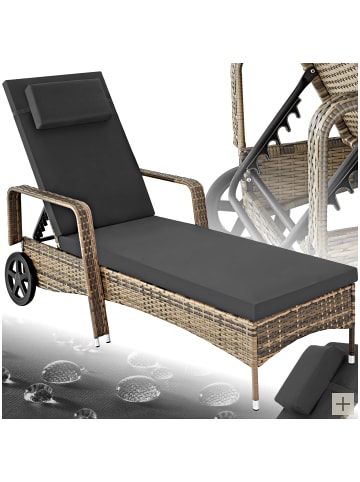 tectake Rattan Sonnenliege mit Rädern, abnehmbares Kopfkissen, 200 x 70 x 33cm