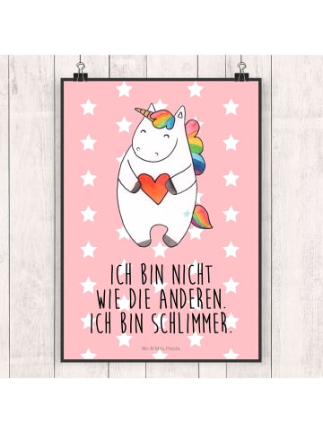 Mr. & Mrs. Panda Poster Einhorn Herz mit Spruch in Rot Pastell
