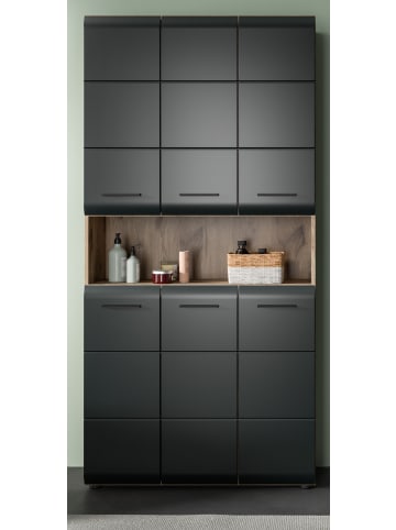 Inn.Furn Hochschrank schwarz matt, Eiche, Badschrank Mehrzweckschrank 6-türig 90 x 185 cm