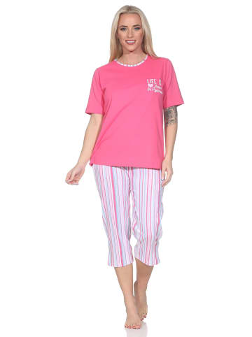 NORMANN Schlafanzug Capri kurzarm Streifenoptik Übergrössen 125 204 90 667 in pink