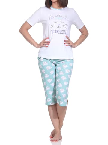 NORMANN Kurzarm Capri Schlafanzug Pyjama Herz Katzenmotiv in türkis