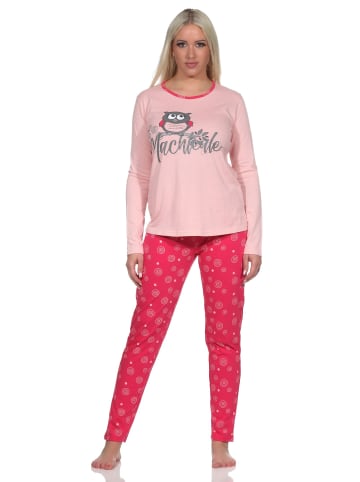 NORMANN Lange Pyjama Schlafanzug Rundhals und Eulen - 80049 in rosa