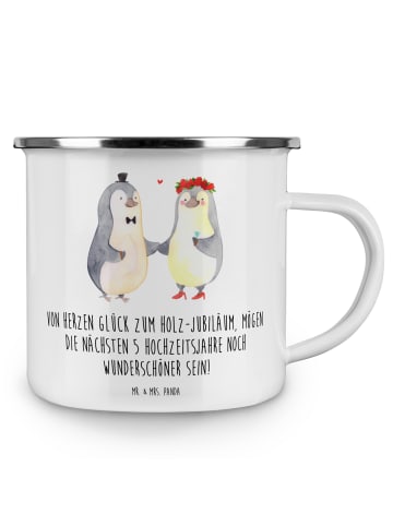 Mr. & Mrs. Panda Camping Emaille Tasse 5. Hochzeitstag Holzhochz... in Weiß