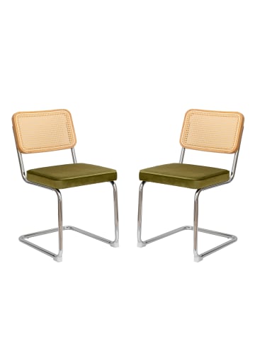 ABRIHOME Esszimmerstuhl in Grün Rattan mit Chrombeinen 2er Set Mid Century